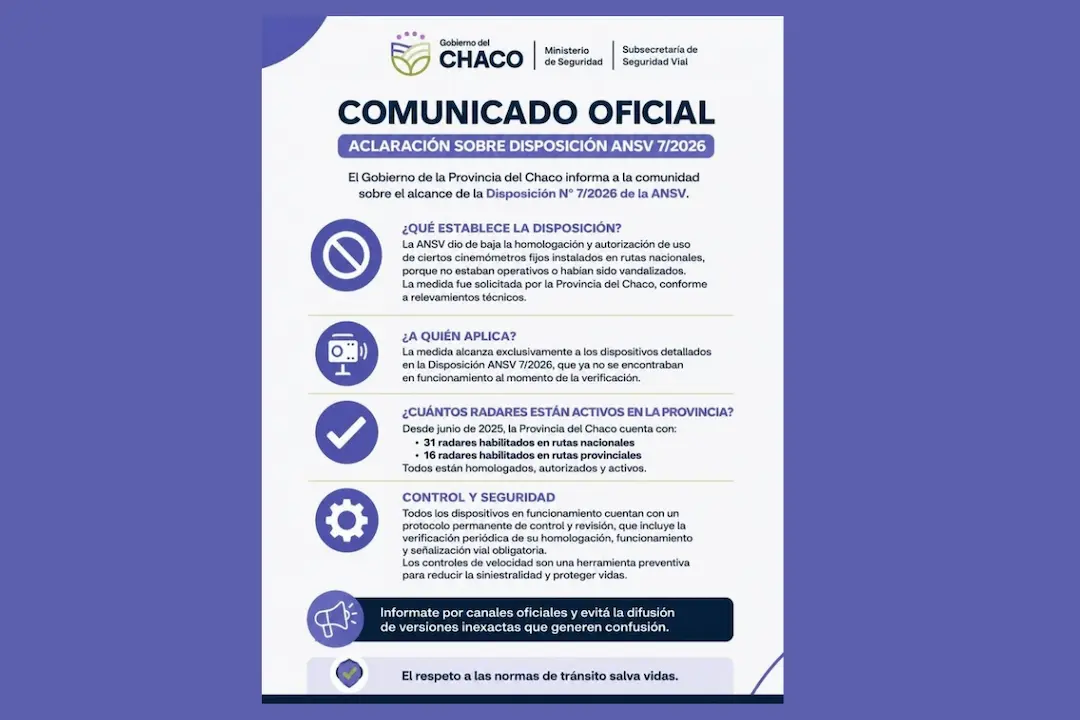 Comunicado oficial, radares en Chaco